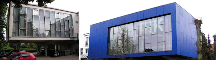 Links: Fassade vor Beginn der Maßnahme I Rechts: Fassade nach dem Umbau